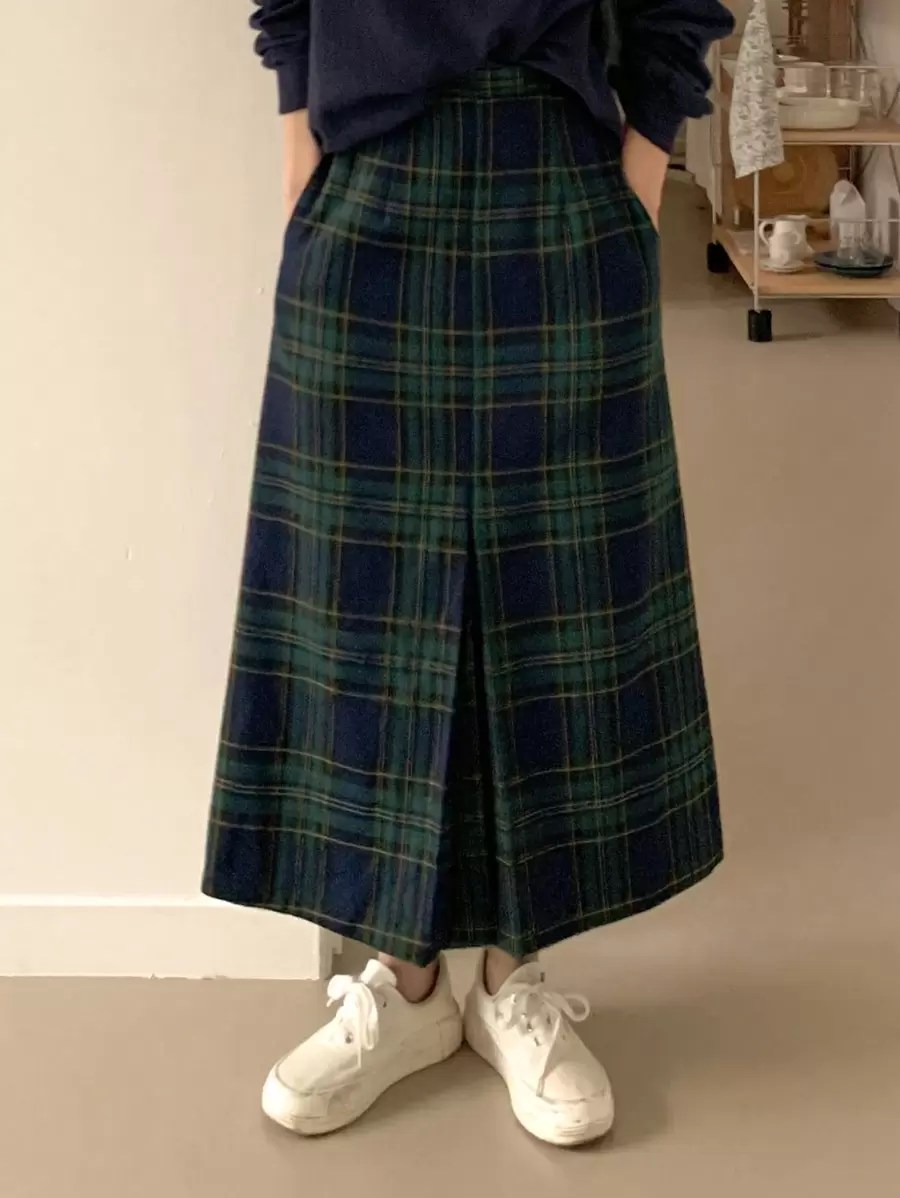 DAZY 女士百搭复古格子印花半身裙 - 綠色 - 查看 1