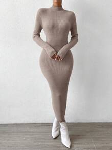 SHEIN Privé Mock Neck Ribbed Knit Sweater Dress - Grey - View 1