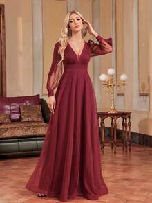 XUIBOL Plunging Neck Lantern Sleeve Mesh Prom Dress - Burgundy - View 5