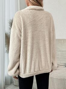 SHEIN Áo nỉ hở vai có khóa kéo nửa túi Kangaroo dành cho bà bầu, dùng cho mùa đông - Màu be - Xem 3