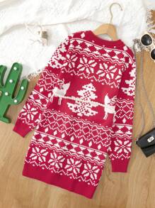 SHEIN 女大童聖誕圖案毛衣洋裝 - 紅色 - 查看 2