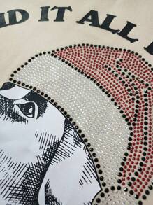 SHEIN LUNE 标语和狗狗图案镶钻卫衣套头衫 秋季卫衣 - 卡其色 - 查看 7