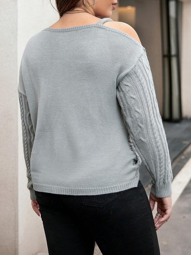 Plus Chain Detail Asymmetrical Neck Twist Hem Cable Knit Sweater Knit Pullover Fall Winter Sweater