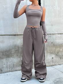SHEIN EZwear Solid Crop Tank Top With Arm Sleeves & Drawstring Waist Pants - Grey - View 5