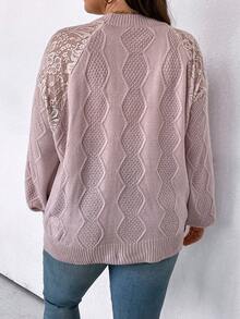 SHEIN Clasi 大碼蕾絲拼接插肩袖套頭毛衣 - 藕粉色 - 查看 2