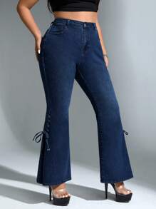 SHEIN ICON 大碼側邊綁帶牛仔喇叭褲 - 藍色 - 查看 5