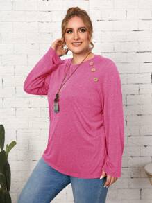 EMERY ROSE 大碼裝飾鈕扣插肩袖T恤 - 玫紅色 - 查看 5