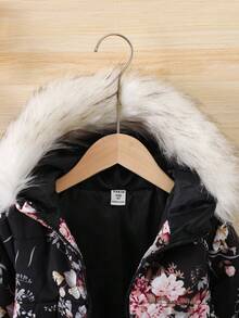 SHEIN Young Girl Floral Print Fuzzy Trim Hooded Padded Coat - Multicolor - View 4