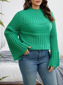 SHEIN CURVE+ 加大码高领荷叶袖针织套头衫秋冬毛衣 - 綠色 - 查看 5