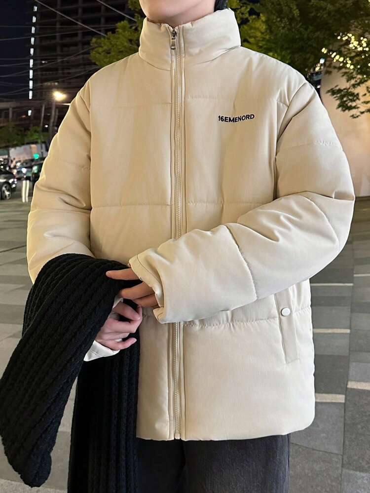 Loose Fit Men's Letter Graphic Zipper Up Padded Coat, For Fall Winter