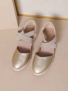 時尚交叉彈性帶，中空楔型布底草編鞋 - 金色 - 查看 6