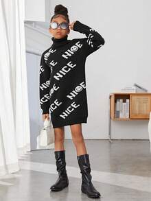 SHEIN Cô gái Tween Mẫu chữ Áo cao cổ Thả vai Đầm Áo len - màu đen - Xem 4