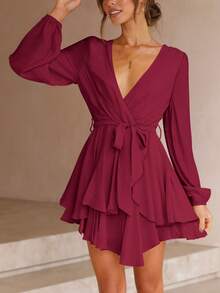 素色多層下擺圍裹繫腰帶洋裝 - 酒紅色 - 查看 4