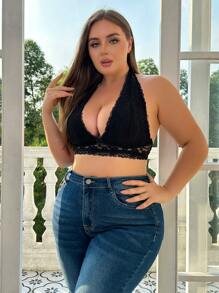 Plus Floral Lace Halter Bralette - Black - View 4
