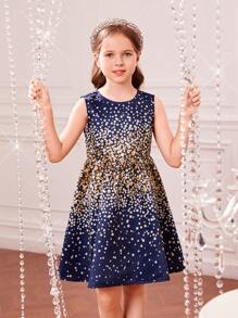 Tween Girl Sequin Print Bow Back Dress - Navy Blue - View 6