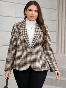 SHEIN Clasi Plus Plaid Print Single Button Blazer - Multicolor - View 4