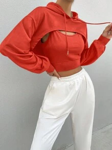 SHEIN Unity Thả vai Dây rút Vi mô Áo hoodie ngắn & Áo - Đỏ - Xem 7