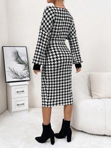 SHEIN Maternity Houndstooth Print Off Shoulder Bodycon Dress - Black and White - View 2