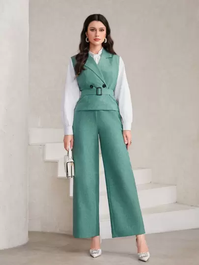 Mulvari 西裝領腰帶夾克背心&闊腿褲不帶襯衫