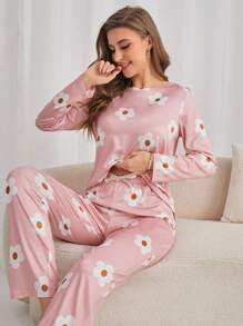 Conjunto de pijama con estampado floral de camiseta y pantalones, ropa de otoño e invierno - Rosa Pálido - Ver 1