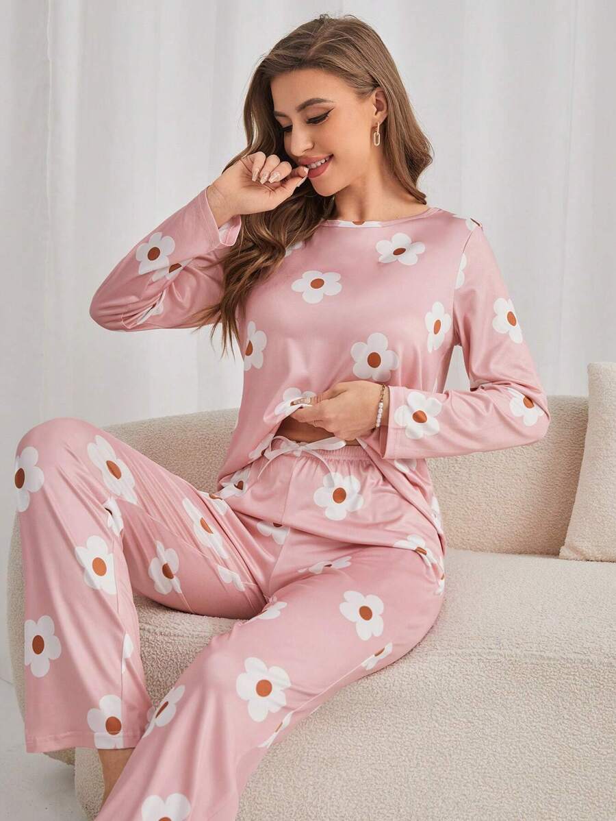 Conjunto de pijama con estampado floral de camiseta y pantalones, ropa de otoño e invierno - Rosa Pálido - Ver 1