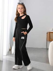 Tween Girl Letter Patched Reflective Contrast Piping Sweatpants - Black - View 5