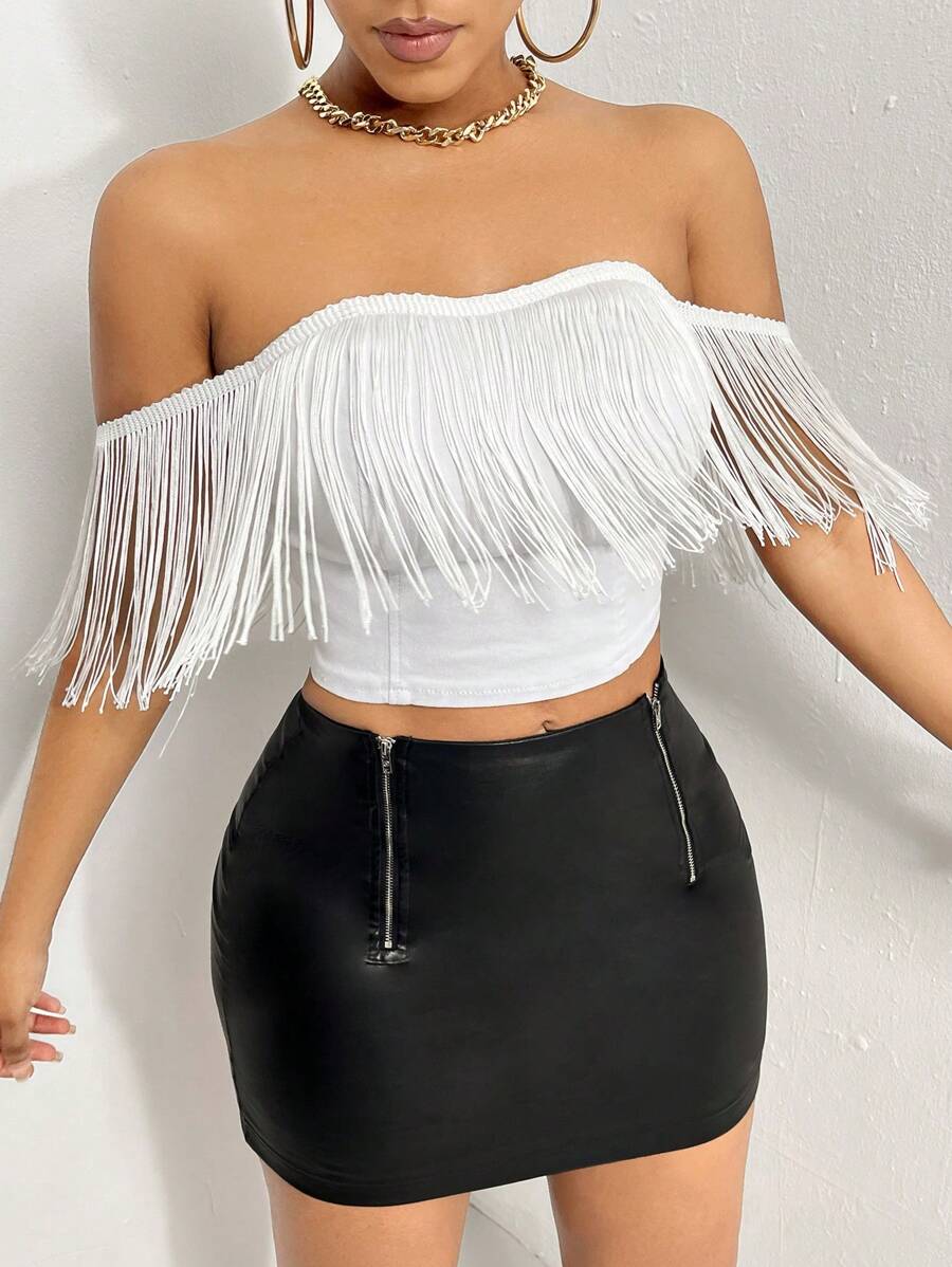 SHEIN SXY 一字肩流蘇邊短款牛仔抹胸上衣 - 白色 - 查看 1