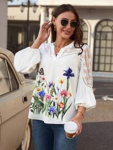 SHEIN Clasi Floral Print Contrast Mesh Lantern Sleeve Blouse - White - View 2