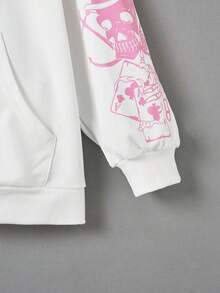 SHEIN EZwear 加大码扑克牌骷髅印花拉链落肩抽绳保暖内衬卫衣 - 白色 - 查看 3
