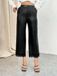 SHEIN Privé Contrast Lace Hem PU Leather Pants