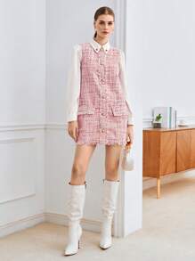BizChic 格紋圖案毛邊緣前紐扣粗花呢洋裝不帶襯衫 - 藕粉色 - 查看 4