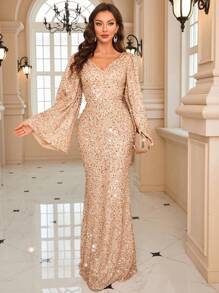 Flare Sleeve Sequin Formal Dress Elegant Long Sleeve Prom Evening Wedding Guest Gown, For Graduation, Dinner - 香檳色 - 查看 4
