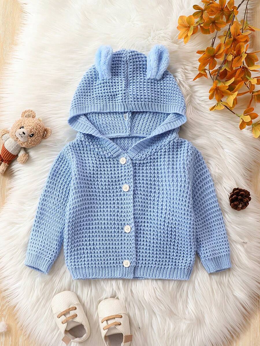 男嬰3D耳朵設計前紐扣連帽開襟衫 - 淺藍色 - 查看 1