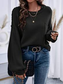 Chiquease Solid Drop Shoulder Pocket Patched Knit Pullover Fall Winter Sweater - Black - View 4