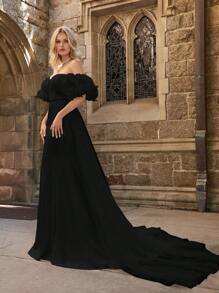 Off Shoulder Ống tay áo Chiều dài sàn Váy dự tiệc - màu đen - Xem 4