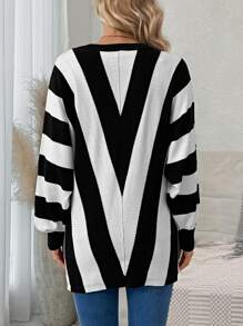 SHEIN Maternity Striped Pattern Batwing Sleeve Sweater, For Winter - Black and White - View 3