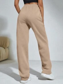 SHEIN Unity 素色腰部抽繩斜口袋衛褲 - 摩卡棕 - 查看 2