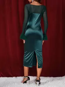 SHEIN Privé Contrast Mesh Fringe Trim Satin Bodycon Dress - Green - View 2