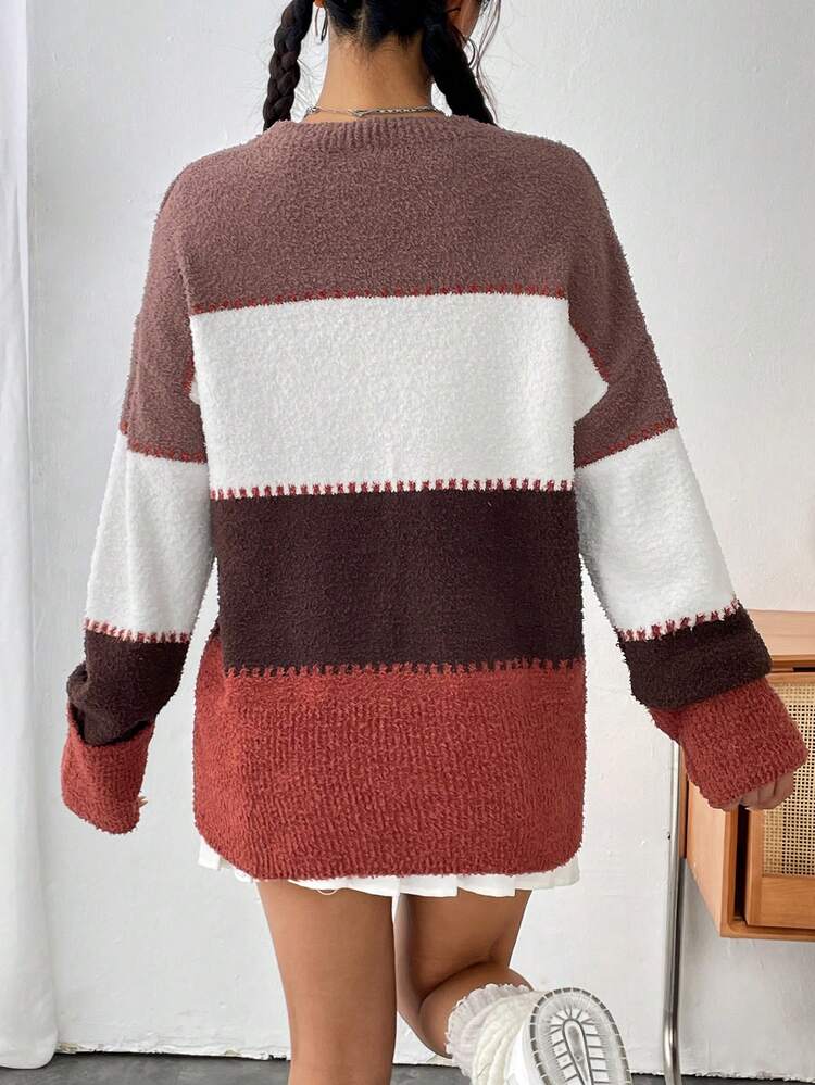 Color Block Drop Shoulder Knit Pullover Fall Winter Sweater