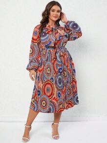 SHEIN LUNE 大碼曼陀羅印花繫帶領燈籠袖繫腰帶洋裝 - 彩色 - 查看 3