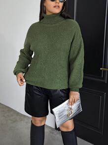 SHEIN Essnce 大碼高領落肩袖套頭毛衣 - 軍綠色 - 查看 4