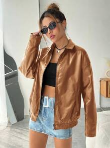 SHEIN EZwear 落肩袖拉鏈開襟PU皮革外套 - 棕色 - 查看 5