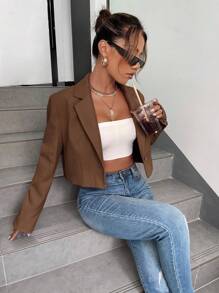 BizChic Women's Thin Lapel Open Front Short Blazer Jacket, Basic Top, Minimalist Urban Commute Style, Business Casual Outerwear For Office Wear In Fall/Winter