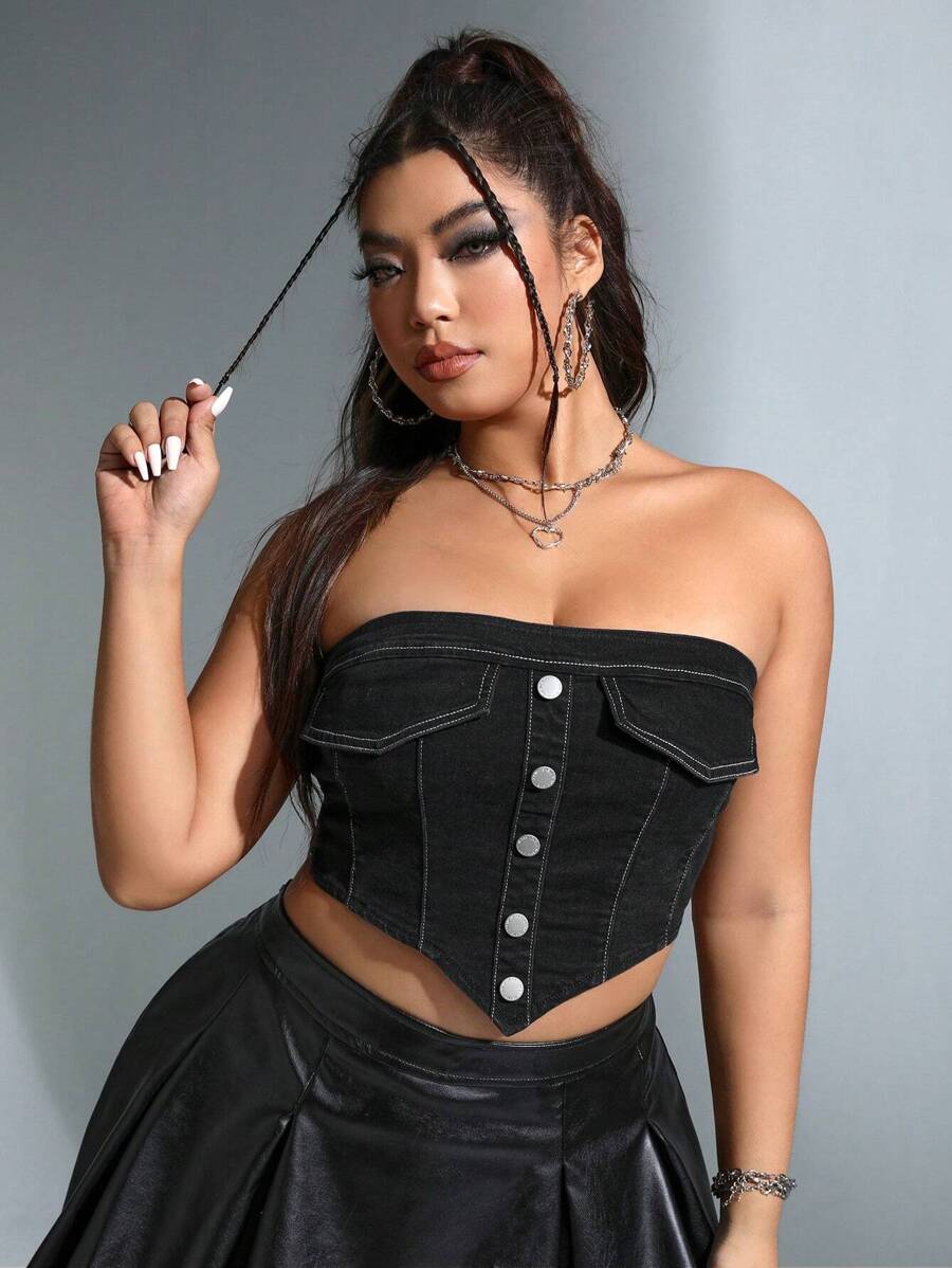SHEIN ICON Plus Button Front Tube Denim Top - Black - View 1