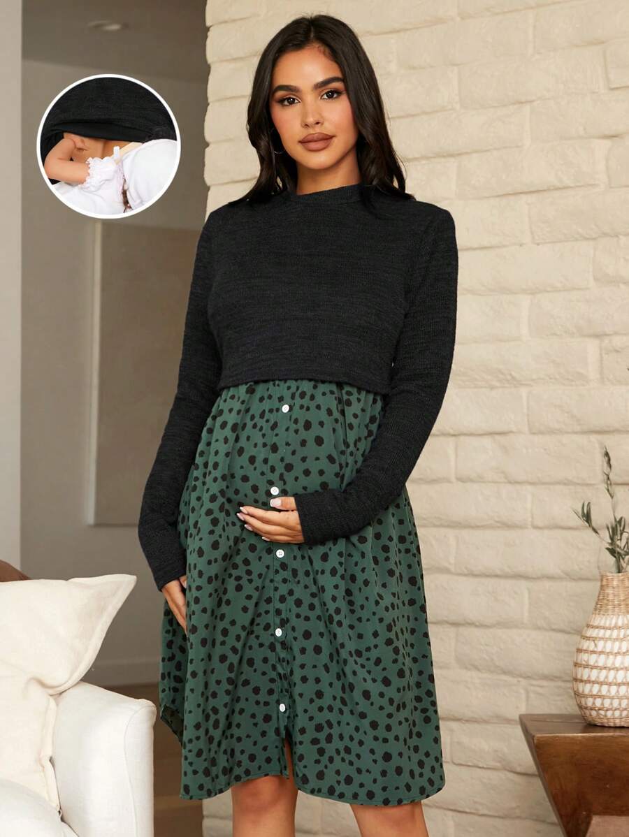 SHEIN Maternity Mock Neck Button Front 2 In 1 Nursing Dress, For Winter