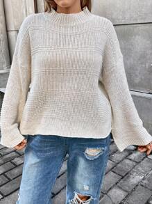 Flirla Plus Drop Shoulder Ribbed Knit Sweater Knit Pullover Fall Winter Sweater - Apricot - View 3