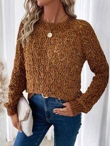 SHEIN Frenchy Solid Raglan Sleeve Sweater - Brown - View 3