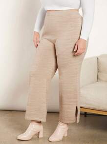 SHEIN BASICS 大碼下擺開叉毛衣褲子 - 卡其色 - 查看 3