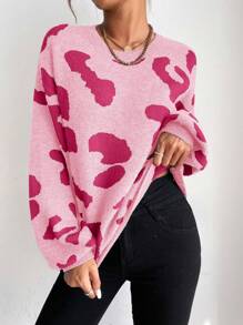 SHEIN LUNE Áo len chui đầu dáng rộng vai rớt họa tiết đồ họa, thích hợp cho mùa thu đông. - Hồng - Xem 6