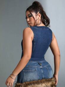 SHEIN ICON Plus Button Front Denim Tank Top - Blue - View 2
